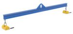 The Vestil Spreader Beam Magnetic, 10ft wide and with a 2000 lb capacity, is a long blue metal lifting beam ideal for industrial use. It has a central loop for secure attachment and yellow hook clamps with black levers.