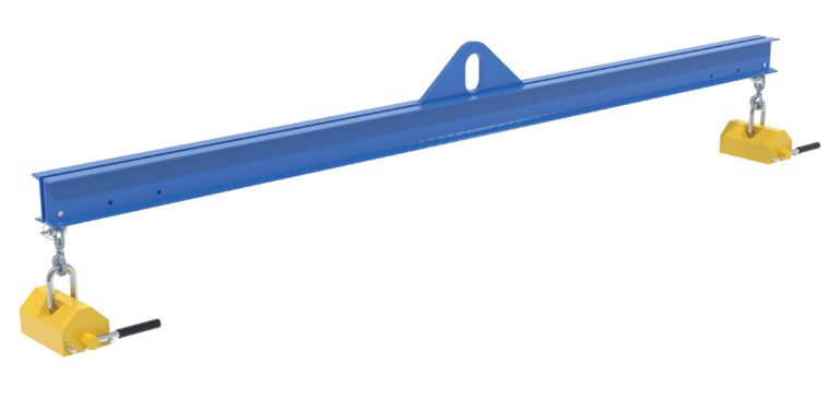 The Vestil Spreader Beam Magnetic, 10ft wide and with a 2000 lb capacity, is a long blue metal lifting beam ideal for industrial use. It has a central loop for secure attachment and yellow hook clamps with black levers.
