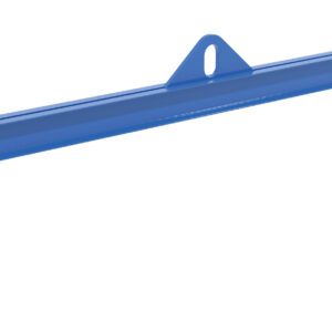 The Vestil Spreader Beam Magnetic, 10ft wide and with a 2000 lb capacity, is a long blue metal lifting beam ideal for industrial use. It has a central loop for secure attachment and yellow hook clamps with black levers.