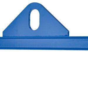 The Vestil Economy Spreader Beam 2000 Lb 120 In, made of blue steel with a triangular head, efficiently hoists 2000 lb loads using dual hooks and has holes for secure attachment in industrial tasks.