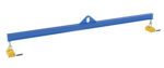 The Vestil Spreader Beam Magnetic 12Ft Wide, 2000Lb Capacity, is a blue industrial lifting beam with a triangular loop on top, featuring yellow hooks with black handles at each end for cranes or hoists, perfect for heavy-duty tasks.