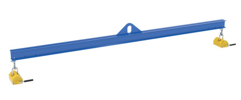 The Vestil Spreader Beam Magnetic 12Ft Wide, 2000Lb Capacity, is a blue industrial lifting beam with a triangular loop on top, featuring yellow hooks with black handles at each end for cranes or hoists, perfect for heavy-duty tasks.