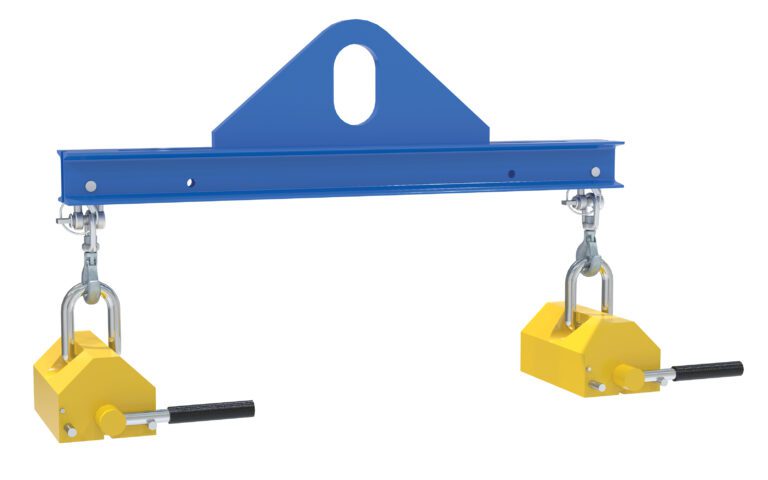 The 3Ft wide Vestil Spreader Beam Magnetic 2000Lb Cap in blue, features a large top hook and includes two yellow magnetic lifters with black levers, designed for lifting and moving metal objects.