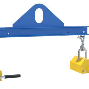 The 3Ft wide Vestil Spreader Beam Magnetic 2000Lb Cap in blue, features a large top hook and includes two yellow magnetic lifters with black levers, designed for lifting and moving metal objects.