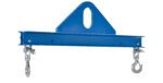 Similar to the Vestil Economy Spreader Beam 2000 Lb 36 In, the blue industrial lifting beam has a triangular top, central oval hole, and dual metal hooks with latch closures for secure heavy-duty load handling.