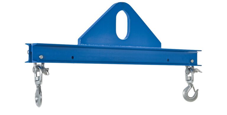 Similar to the Vestil Economy Spreader Beam 2000 Lb 36 In, the blue industrial lifting beam has a triangular top, central oval hole, and dual metal hooks with latch closures for secure heavy-duty load handling.