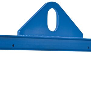 Similar to the Vestil Economy Spreader Beam 2000 Lb 36 In, the blue industrial lifting beam has a triangular top, central oval hole, and dual metal hooks with latch closures for secure heavy-duty load handling.