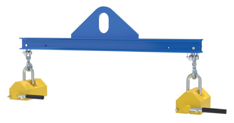 SBM-20-4-ML_A.jpg The Vestil Spreader Beam Magnetic 2000Lb Cap is a 4Ft wide blue lifting beam with a central attachment loop and two yellow lifting magnets with lock handles secured by chains on each end, perfect for efficiently hoisting metal items.