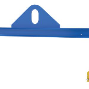 The Vestil Spreader Beam Magnetic 2000Lb Cap is a 4Ft wide blue lifting beam with a central attachment loop and two yellow lifting magnets with lock handles secured by chains on each end, perfect for efficiently hoisting metal items.