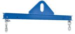 The Vestil Economy Spreader Beam 2000 Lb 48 In is a sturdy blue metal beam with a top open handle and dual hooks on each end to attach cables or chains, facilitating balanced weight distribution and easy operation.