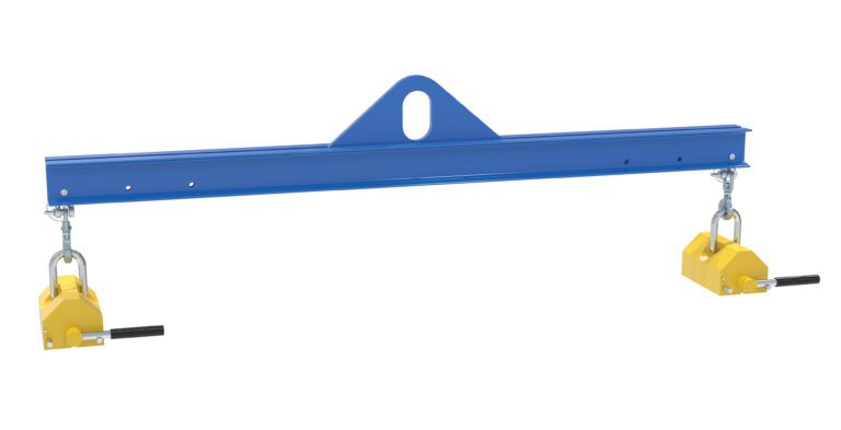 SBM-20-6-ML_A.jpg The blue Vestil Spreader Beam Magnetic 2000Lb Cap, 6Ft Wide features two yellow adjustable clamps with black handles and an oval attachment point, offering an efficient industrial solution for lifting heavy loads.