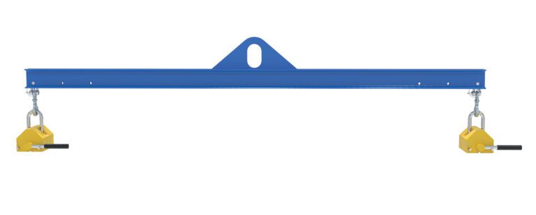 The blue Vestil Spreader Beam, 8Ft wide, features a central hook and two yellow clamps with black handles at each end. Its ideal for material handling or rigging, boasting a robust metal build and 2000Lb magnetic capacity.