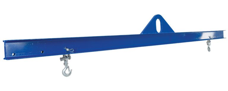 The Vestil Economy Spreader Beam 2000 Lb 96 In is a long blue metal beam with a central mounting hole and two end hooks for lifting or hanging, featuring a glossy metallic surface for enhanced durability and efficiency.