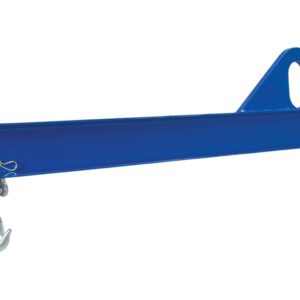 The Vestil Economy Spreader Beam 2000 Lb 96 In is a long blue metal beam with a central mounting hole and two end hooks for lifting or hanging, featuring a glossy metallic surface for enhanced durability and efficiency.