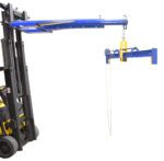 A forklift with a blue and yellow telescopic jib and a Vestil Adj Spreader Beam Upper Bail Adj Chain Driven 2500# makes lifting up to 2500 pounds safe and efficient.