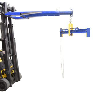 A forklift with a blue and yellow telescopic jib and a Vestil Adj Spreader Beam Upper Bail Adj Chain Driven 2500# makes lifting up to 2500 pounds safe and efficient.