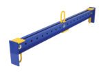 The Vestil Adjustable Spreader Beam 2500 Lb 78 In is blue with black holes along its length. It features yellow brackets at each end and a yellow handle on top, all set against a white background.