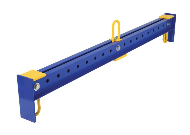 The Vestil Adjustable Spreader Beam 2500 Lb 78 In is blue with black holes along its length. It features yellow brackets at each end and a yellow handle on top, all set against a white background.