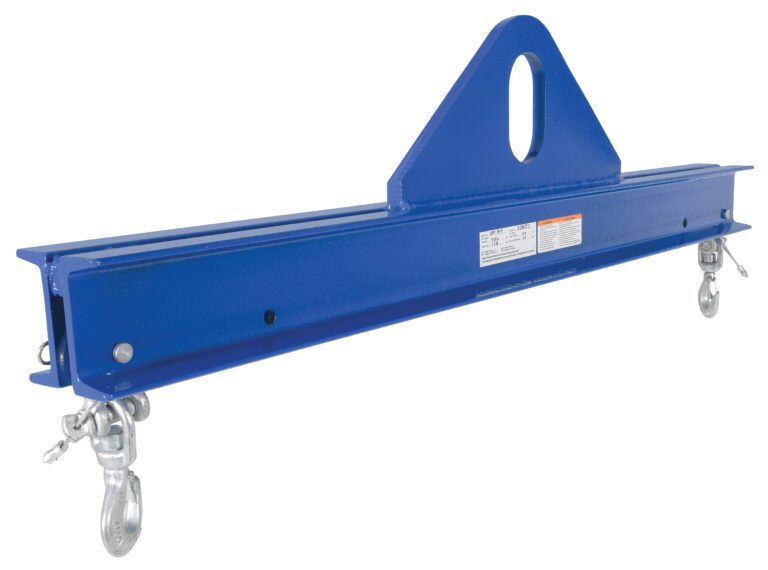 Introducing the Vestil Economy Spreader Beam 4000 Lb 48 In—a strong, blue steel lifting beam designed with a top triangular attachment point and hooks at both ends for efficient industrial lifting tasks.