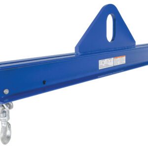Introducing the Vestil Economy Spreader Beam 4000 Lb 48 In—a strong, blue steel lifting beam designed with a top triangular attachment point and hooks at both ends for efficient industrial lifting tasks.