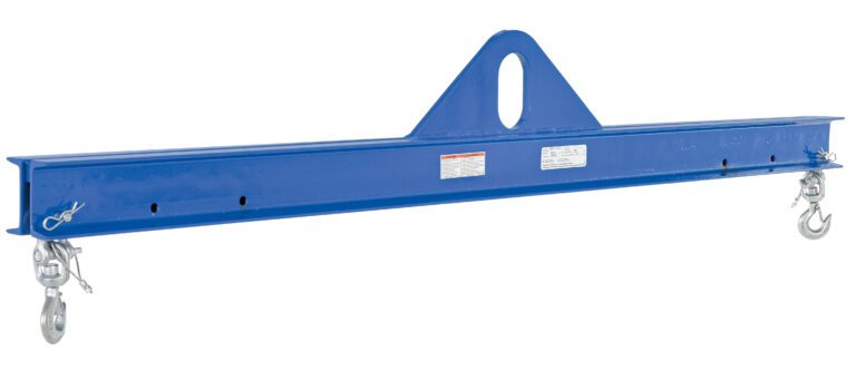 SBM-40-6_A.jpg The blue steel Vestil Economy Spreader Beam (4000 lb, 72 in) features a central triangular attachment point, end hooks and chains for safe heavy-lifting, and clear instructional labels for easy operation.