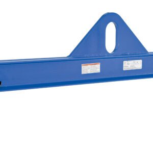 The blue steel Vestil Economy Spreader Beam (4000 lb, 72 in) features a central triangular attachment point, end hooks and chains for safe heavy-lifting, and clear instructional labels for easy operation.