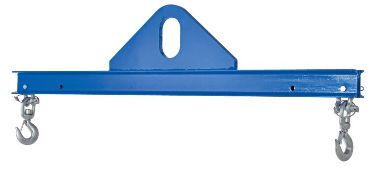 The Vestil Economy Spreader Beam 4000 Lb 96 In is a blue metal lifting beam with a vertical oval cutout on a triangular plate and two hooks at each end, suitable for crane or hoist use.