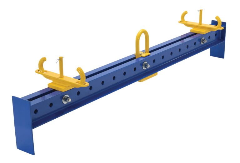 The Vestil Basket Lifting Spreader Beam 4000 Lb Cap boasts a blue metal design with evenly spaced holes, yellow adjustable clamps on either end, a central yellow handle for convenience, and flat bases for stability.