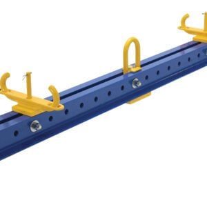 The Vestil Basket Lifting Spreader Beam 4000 Lb Cap boasts a blue metal design with evenly spaced holes, yellow adjustable clamps on either end, a central yellow handle for convenience, and flat bases for stability.