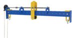 The Vestil Adj Spreader Beam Upper Bail Adj Chain Driven 4000# features a blue and yellow design with an adjustable chain, cable, and hooks for robust 4000-pound lifting. Its attachment holes ensure versatile use in industrial applications.