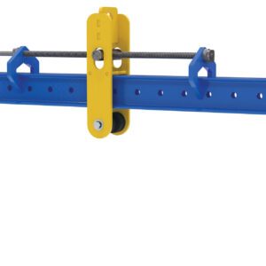 The Vestil Adj Spreader Beam Upper Bail Adj Chain Driven 4000# features a blue and yellow design with an adjustable chain, cable, and hooks for robust 4000-pound lifting. Its attachment holes ensure versatile use in industrial applications.