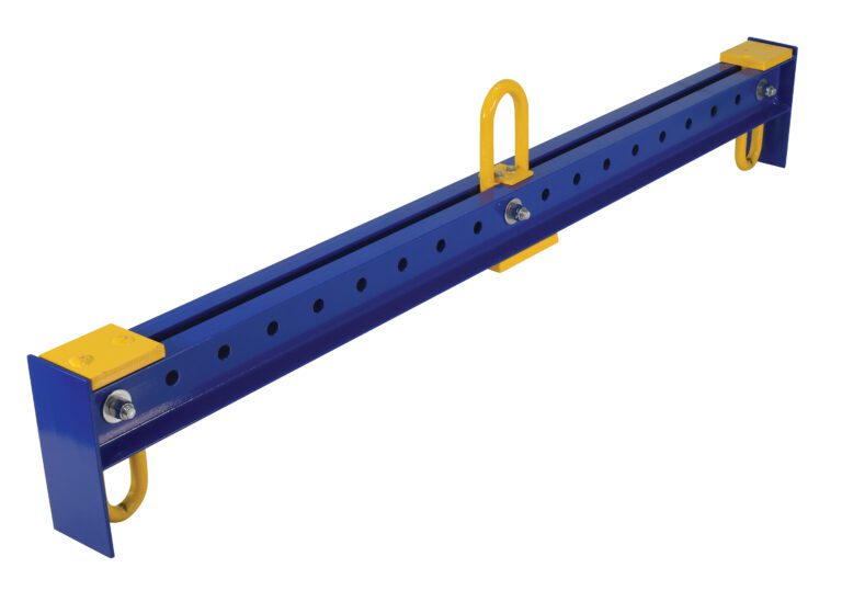 SBM-40_A.jpg The Vestil Adjustable Spreader Beam 4000 Lb 78 In is blue metal with multiple holes, yellow end caps, and hooks for lifting or support.