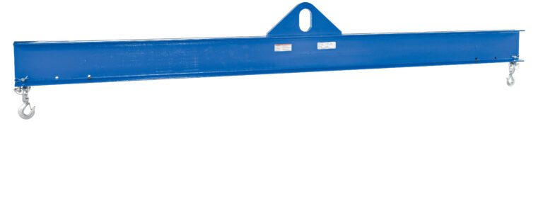 SBM-60-10_A.jpg The blue Vestil Economy Spreader Beam 6000 Lb 120 In features two end hooks, a central eyelet for easy lifting equipment attachment, and clear labels for identification, making it ideal for lifting and hoisting tasks.
