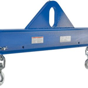 The Vestil Economy Spreader Beam 6000 Lb 36 In is metal, blue, with two sturdy hooks at the bottom and an oval hole on the triangular top for easy attachment. It supports up to 6000 lbs, and small labels are present on its 36-inch side.