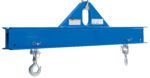 The Vestil Economy Spreader Beam 6000 lb 48 in features a blue steel build, triangular top, and dual hooks at each end secured by two pins. Its adorned with safety labels against a clean white background.