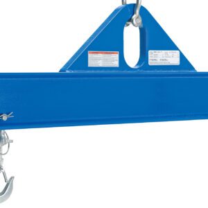 The Vestil Economy Spreader Beam 6000 lb 48 in features a blue steel build, triangular top, and dual hooks at each end secured by two pins. Its adorned with safety labels against a clean white background.