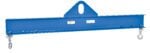 The Vestil Economy Spreader Beam 6000 Lb 72 In is a blue steel beam with a triangular top attachment and two hooks, designed for even load distribution. Featuring warning labels, its perfect for industrial or construction use.