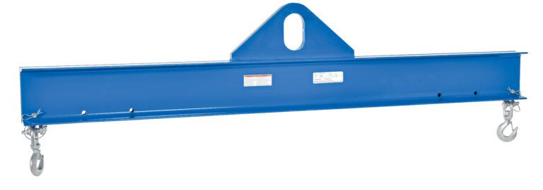 The Vestil Economy Spreader Beam 6000 Lb 72 In is a blue steel beam with a triangular top attachment and two hooks, designed for even load distribution. Featuring warning labels, its perfect for industrial or construction use.