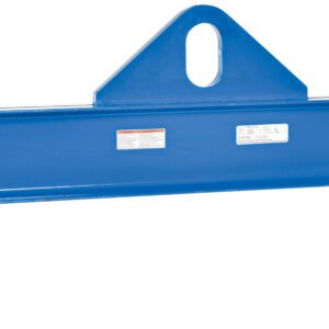The Vestil Economy Spreader Beam 6000 Lb 72 In is a blue steel beam with a triangular top attachment and two hooks, designed for even load distribution. Featuring warning labels, its perfect for industrial or construction use.