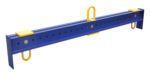 The blue metal Vestil Adjustable Spreader Beam 8K 104.5 In features perforations, yellow handles and brackets near the ends, and hooks on the underside, making it ideal for industrial or construction use.
