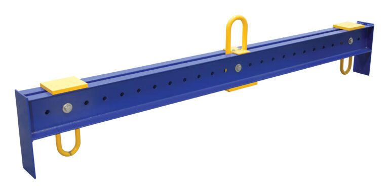 The blue metal Vestil Adjustable Spreader Beam 8K 104.5 In features perforations, yellow handles and brackets near the ends, and hooks on the underside, making it ideal for industrial or construction use.
