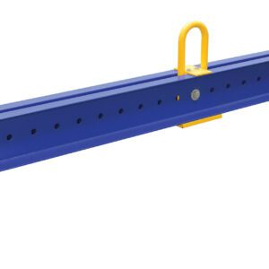 The blue metal Vestil Adjustable Spreader Beam 8K 104.5 In features perforations, yellow handles and brackets near the ends, and hooks on the underside, making it ideal for industrial or construction use.