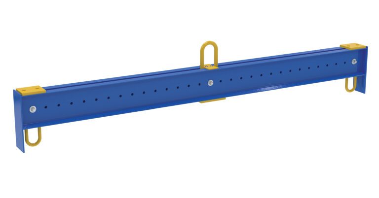 The Vestil Spreader Beam, with a 10K capacity, features durable blue metal, yellow handles and end caps. It has evenly spaced holes for versatile tasks, while the central handle ensures easy portability.