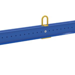 The Vestil Spreader Beam, with a 10K capacity, features durable blue metal, yellow handles and end caps. It has evenly spaced holes for versatile tasks, while the central handle ensures easy portability.