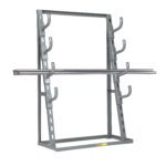 The Little Giant Adjustable Bar & Pipe Storage Rack is a freestanding metal unit with a sturdy gray frame, perfect for storing long items like pipes or rods. It includes four horizontal supports per side and two metal rods on the lower supports for versatile storage.