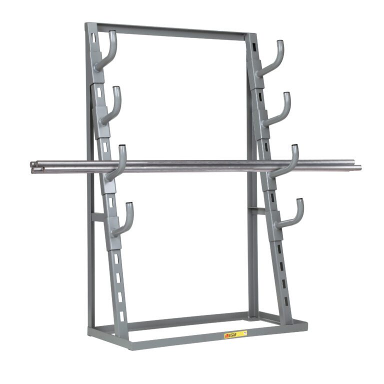 The Little Giant Adjustable Bar & Pipe Storage Rack is a freestanding metal unit with a sturdy gray frame, perfect for storing long items like pipes or rods. It includes four horizontal supports per side and two metal rods on the lower supports for versatile storage.