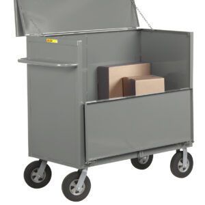 A large grey utility cart, similar to a Little Giant Security Box Truck with solid sides, has four wheels and an open top. Two brown boxes sit securely inside. The cart includes a convenient side handle and a hinged lid that is propped open for easy access.