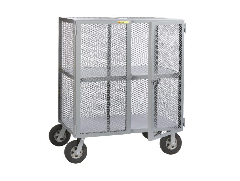 The Little Giant Job Site Security Box is a gray, heavy-duty metal utility cart with mesh sides and four large wheels. It has two shelves and a secure door latch, making it ideal for transporting or storing items while ensuring visibility and ventilation.