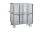 The Little Giant Heavy-Duty Mobile Storage Locker with Handle showcases a sleek metal mesh design, featuring two shelves and double doors. It has a gray finish, rear handle, and four red wheels for easy movement.