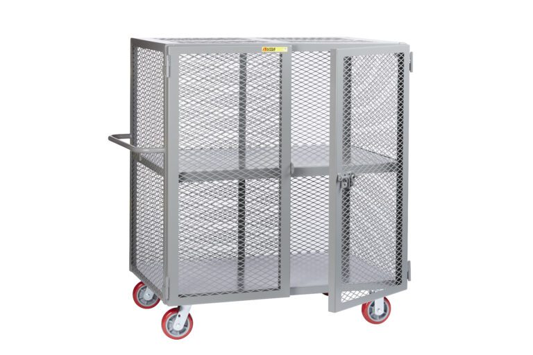 The Little Giant Heavy-Duty Mobile Storage Locker with Handle showcases a sleek metal mesh design, featuring two shelves and double doors. It has a gray finish, rear handle, and four red wheels for easy movement.